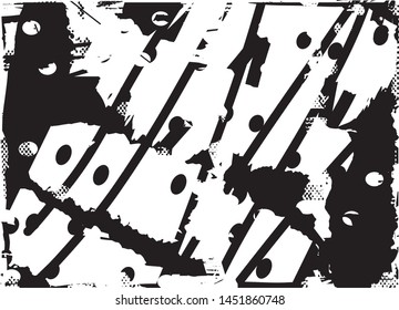 Distressed background in black and white texture with dots, spots, scratches and lines. Abstract vector illustration