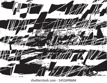 Distressed background in black and white texture with dots, spots, scratches and lines. Abstract vector illustration
