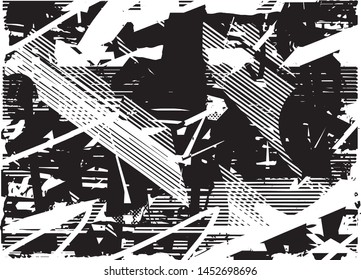 Distressed background in black and white texture with dots, spots, scratches and lines. Abstract vector illustration
