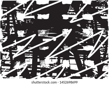 Distressed background in black and white texture with dots, spots, scratches and lines. Abstract vector illustration