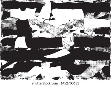 Distressed background in black and white texture with dots, spots, scratches and lines. Abstract vector illustration