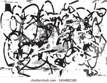Distressed background in black and white texture with dots, spots, scratches and lines. Abstract vector illustration