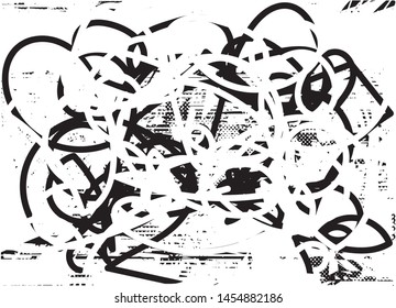 Distressed background in black and white texture with dots, spots, scratches and lines. Abstract vector illustration