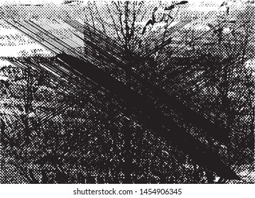 Distressed background in black and white texture with Trees, dots, spots, scratches and lines. Abstract vector illustration