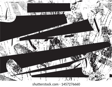 Distressed background in black and white texture with dots, spots, scratches and lines. Abstract vector illustration