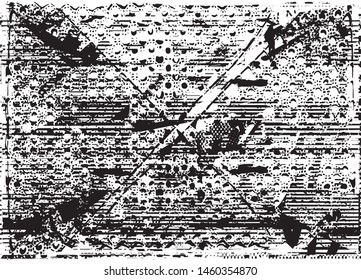 Distressed background in black and white texture with dots, spots, scratches and lines. Abstract vector illustration