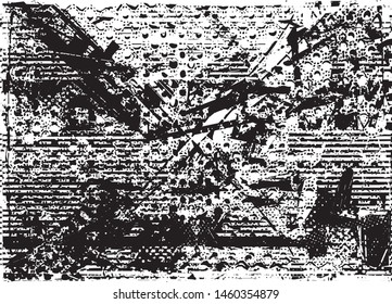 Distressed background in black and white texture with dots, spots, scratches and lines. Abstract vector illustration