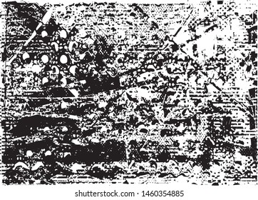 Distressed background in black and white texture with dots, spots, scratches and lines. Abstract vector illustration