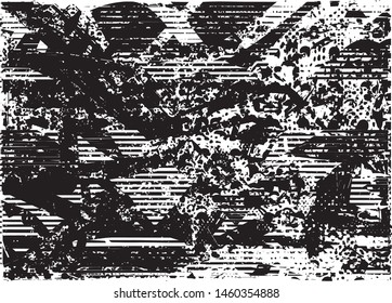 Distressed background in black and white texture with dots, spots, scratches and lines. Abstract vector illustration