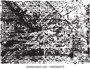 Distressed background in black and white texture with dots, spots, scratches and lines. Abstract vector illustration