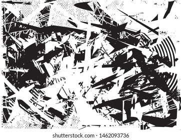 Distressed background in black and white texture with dots, spots, scratches and lines. Abstract vector illustration