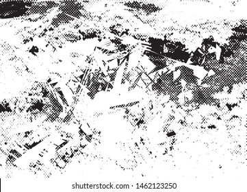 Distressed background in black and white texture with dots, spots, scratches and lines. Abstract vector illustration