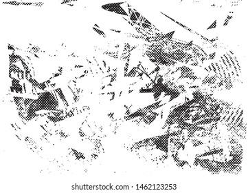 Distressed background in black and white texture with dots, spots, scratches and lines. Abstract vector illustration