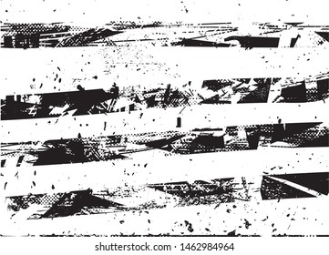 Distressed background in black and white texture with dots, spots, scratches and lines. Abstract vector illustration