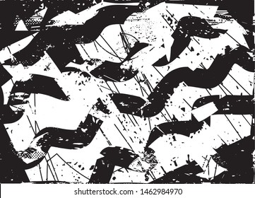 Distressed background in black and white texture with dots, spots, scratches and lines. Abstract vector illustration