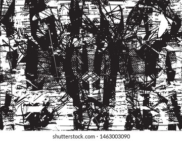 Distressed background in black and white texture with dots, spots, scratches and lines. Abstract vector illustration