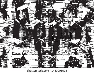 Distressed background in black and white texture with dots, spots, scratches and lines. Abstract vector illustration