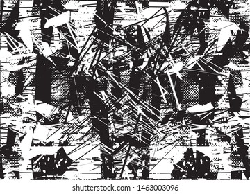 Distressed background in black and white texture with dots, spots, scratches and lines. Abstract vector illustration