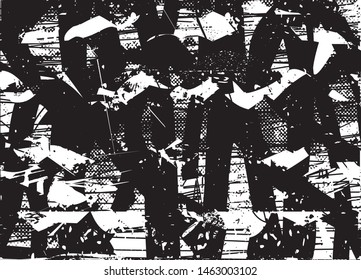 Distressed background in black and white texture with dots, spots, scratches and lines. Abstract vector illustration