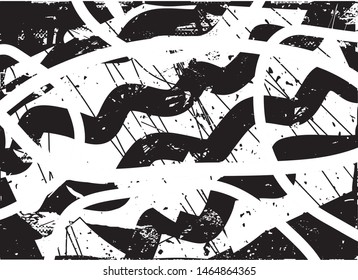 Distressed background in black and white texture with dots, spots, scratches and lines. Abstract vector illustration