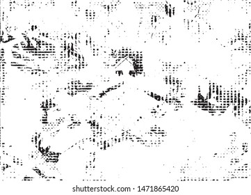 Distressed background in black and white texture with dots, spots, scratches and lines. Abstract vector illustration