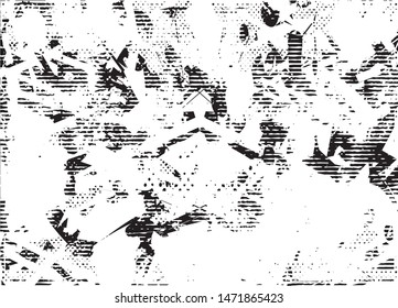 Distressed background in black and white texture with dots, spots, scratches and lines. Abstract vector illustration