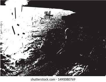 Distressed background in black and white texture with silhouette,  dark spots, nets, scratches and lines. Abstract vector illustration