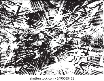 Distressed background in black and white texture with  dark spots, nets, scratches and lines. Abstract vector illustration