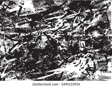 Distressed background in black and white texture with  dark spots, nets, scratches and lines. Abstract vector illustration