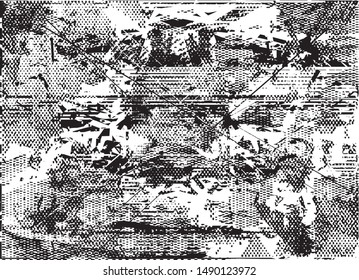 Distressed background in black and white texture with  dark spots, nets, scratches and lines. Abstract vector illustration