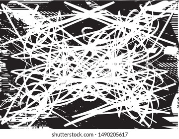 Distressed background in black and white texture with  dark spots, nets, scratches and lines. Abstract vector illustration
