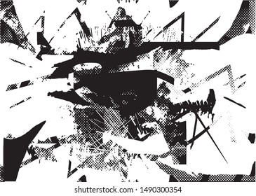 Distressed background in black and white texture with dots, spots, scratches and lines. Abstract vector illustration