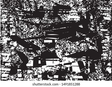 Distressed background in black and white texture with  dark spots, nets, scratches and lines. Abstract vector illustration