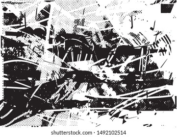 Distressed background in black and white texture with  dark spots, nets, scratches and lines. Abstract vector illustration