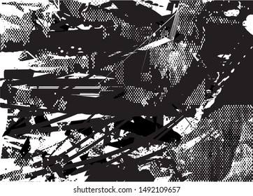 Distressed background in black and white texture with  dark spots, nets, scratches and lines. Abstract vector illustration
