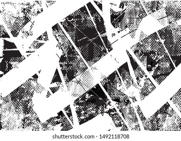 Distressed background in black and white texture with  dark spots, nets, scratches and lines. Abstract vector illustration