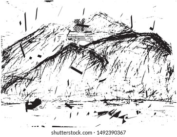 Distressed background in black and white texture with drawing of mountains, dots, spots, scratches and lines. Abstract vector illustration