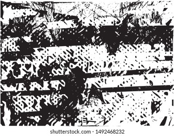 Distressed background in black and white texture with dots, spots, scratches and lines. Abstract vector illustration