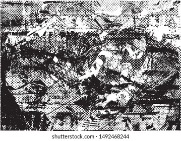 Distressed background in black and white texture with dots, spots, scratches and lines. Abstract vector illustration