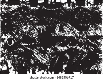 Distressed background in black and white texture with dots, spots, scratches and lines. Abstract vector illustration