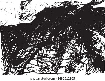 Distressed background in black and white texture with drawing of mountains, dots, spots, scratches and lines. Abstract vector illustration
