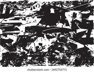 Distressed background in black and white texture with dots, spots, scratches and lines. Abstract vector illustration