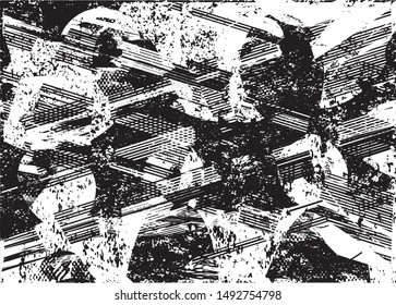 Distressed background in black and white texture with dots, spots, scratches and lines. Abstract vector illustration