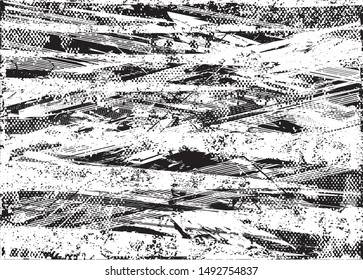Distressed background in black and white texture with dots, spots, scratches and lines. Abstract vector illustration