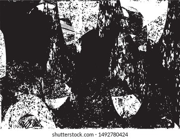 Distressed background in black and white texture with dots, spots, scratches and lines. Abstract vector illustration