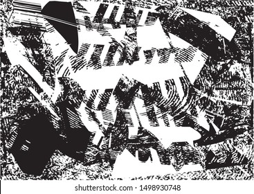 Distressed background in black and white texture with dots, spots, scratches and lines. Abstract vector illustration