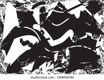 Distressed background in black and white texture with dots, spots, scratches and lines. Abstract vector illustration