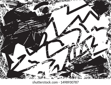 Distressed background in black and white texture with dots, spots, scratches and lines. Abstract vector illustration