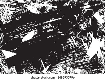 Distressed background in black and white texture with dots, spots, scratches and lines. Abstract vector illustration
