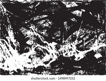 Distressed background in black and white texture with dots, spots, scratches and lines. Abstract vector illustration